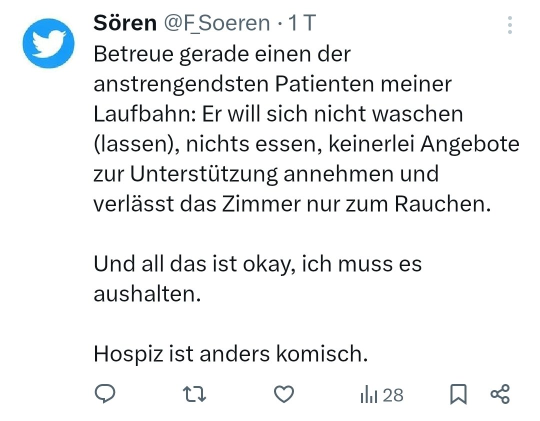 Kranke_Medizin's tweet photo. Pfleger wie Sören machen kranken Menschen das Leben zur Hölle – und merken es nicht.

Weil es selbst auf der Palliativstation immer nur um SIE geht. Darum dass SIE den "anstrengdsten Patienten ihrer Laufbahn" wie im Lehrbuch gefüttert und geschrubbt haben. Darum, dass SIE

1/ https://t.co/m0uF7hjLAP