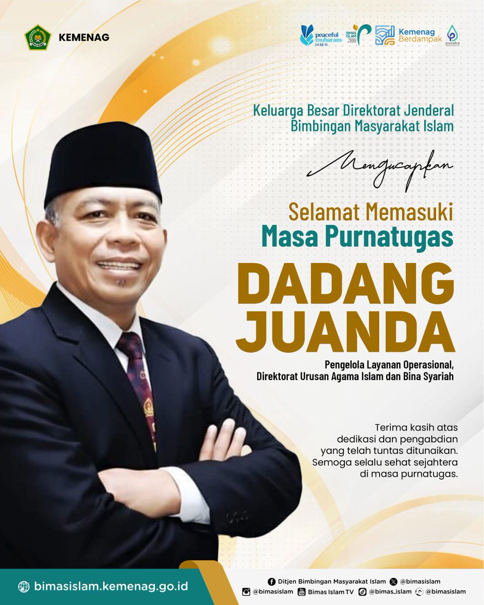 BimasIslam's tweet photo. Selamat Memasuki Purna Tugas

Semoga pengabdian Bapak-Bapak menjadi amal kebaikan dan senantiasa memberikan inspirasi untuk kami bertumbuh menjadi lebih baik lagi. Semoga Allah Swt meridai langkah kita semua. https://t.co/3J0yctqPr9