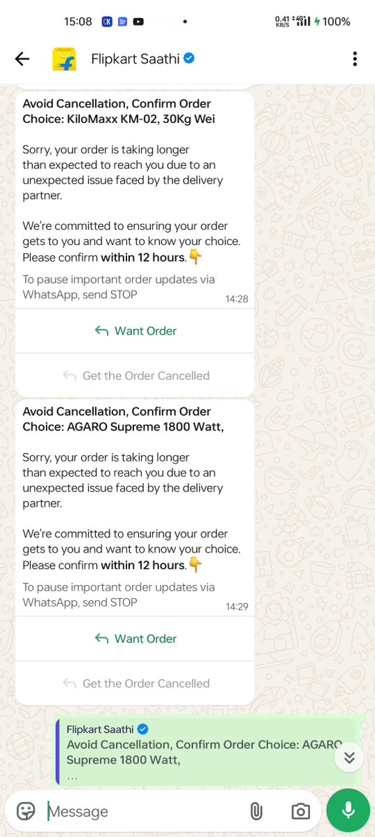 santosh083's tweet photo. @flipkartsupport @Flipkart Saathi is every chatting with me whether cancel the order or not. And I am also replying as cancel the order but the again today it is asking in WhatsApp. Why it is asking multiple time for the same order. https://t.co/mb4ipE5W8D