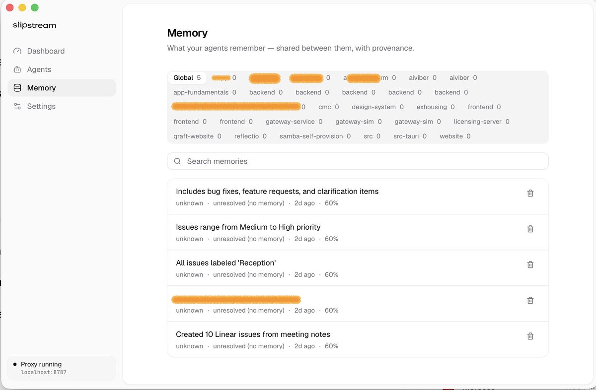 slipstream_app's tweet photo. Did you know we have built in memory across different clients #codex #claude #memory #ai #tokencompression https://t.co/MynVmgyY6X