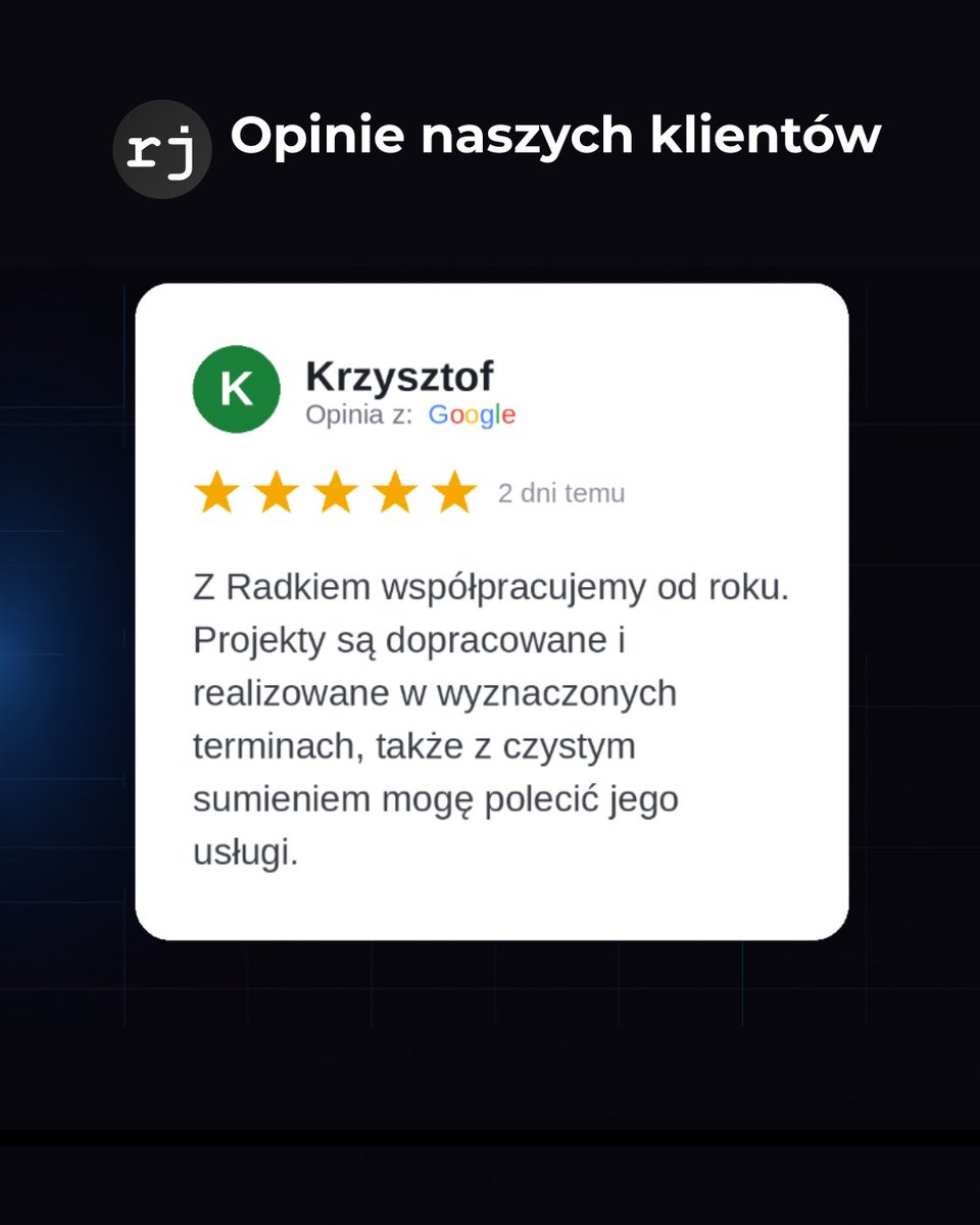 rjoachimiakPL's tweet photo. Rok współpracy z jednym klientem mówi o web devie więcej niż portfolio.

Świeża opinia: projekty dopracowane, terminy dotrzymane, polecenie z czystym sumieniem.

Dzięki, Krzysztof. Terminowość to nie bonus, to podstawa. ⭐️

https://t.co/fNdsA8wLTs https://t.co/qXrfFR4D49