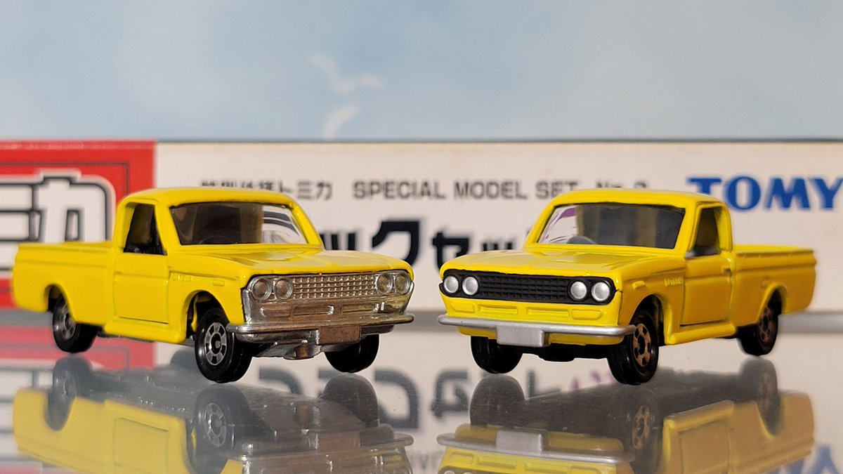 miniature_hero's tweet photo. 521ダットラ

トミカくじのと比較
一見するとトラックセット凛の方が彩色が細かいように見えますが、実車はメッキグリルのため、案外なにもしてないトミカくじの方が実車に近かったりします https://t.co/cl9C3obOP9