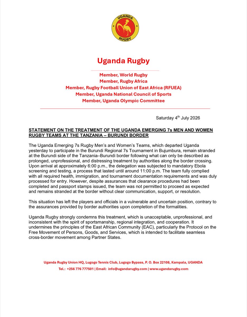 UgandaRugby's tweet photo. OFFICIAL STATEMENT: Treatment of the Emerging 7s Men and Women’s teams at the Tanzania - Burundi Border.

#Ugandarugby https://t.co/vN0YPSHJo1