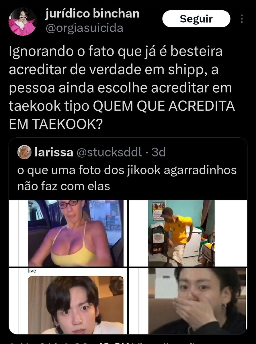kah_taekooka's tweet photo. "QUEM ACREDITA EM TAEKOOK?"
Eu vou falar sobre shippar. Não precisa ler, é só um desabafo.

Eu não sou uma pessoa que shipa, inclusive eu detesto isso. Porém, quando você conhece o k-pop, acaba tendo contato com isso, querendo ou não. 

O fanservice de ship para mim soa falso, performático, feito para que acreditem naquela relação — seja romântica ou apenas de amizade. Pegam pesado, imitando a relação de pessoas do mesmo sexo, sexualizando-as, brincando com a luta da comunidade LGBT em um país de sociedade hipócrita como a coreana, que aceita o ship boy x boy e girl x girl, mas abomina relações verdadeiras e pessoas que se identificam assim. O assunto continua sendo tabu em pleno 2026, a ponto de muitos não falarem sobre isso em casa e acharem que só existem homossexuais fora da Coreia.

Meu ponto decisivo para não gostar de ship foi um vídeo de uma mulher da comunidade LGBT coreana, totalmente irritada com as perguntas que recebia de pessoas de fandoms de k-pop sobre ídolos possivelmente homossexuais — se ela achava que este ou aquele idol fazia parte da comunidade. A explicação dela foi muito simples: ela foi enfática ao dizer que não sabia e pediu que parassem de questioná-la, porque até mesmo para quem é da comunidade lá é difícil falar sobre isso. Além disso, esse tipo de fanservice não ajudava em nada a comunidade, já que os grupos apenas usavam essas interações para ganhar dinheiro, vender um grupo ou uma pessoa, e não para que acreditassem que aquilo fosse real — porque não era. A maioria dos ídolos envolvidos com fanservice de ship nunca sequer fez algo em prol da comunidade, muito menos se posicionou. E mais uma vez ela repetiu que não a questionassem mais sobre isso.

Depois que vi esse vídeo, se eu já não gostava de fanservice de ship, passei a ter completa aversão.

Quando digo que amo Taekook, não estou falando de ship, estou falando dos dois — como indivíduos separados e juntos também. Eles não são um ship, eles são um casal. E eu pesquisei, porque não me deixo levar por qualquer narrativa. Faz parte da minha educação questionar. Eu não sigo o efeito manada, não falo o que todo mundo fala, não sigo trends só porque achei legal. Taekook foi e continua sendo um casal no k-pop. Não sei se é o único, só sei que o ship sempre existiu e sempre existirá, quer gostemos ou não. Mas Taekook está muito além disso, e se você não enxerga, é porque não aprendeu a olhar além da superfície.