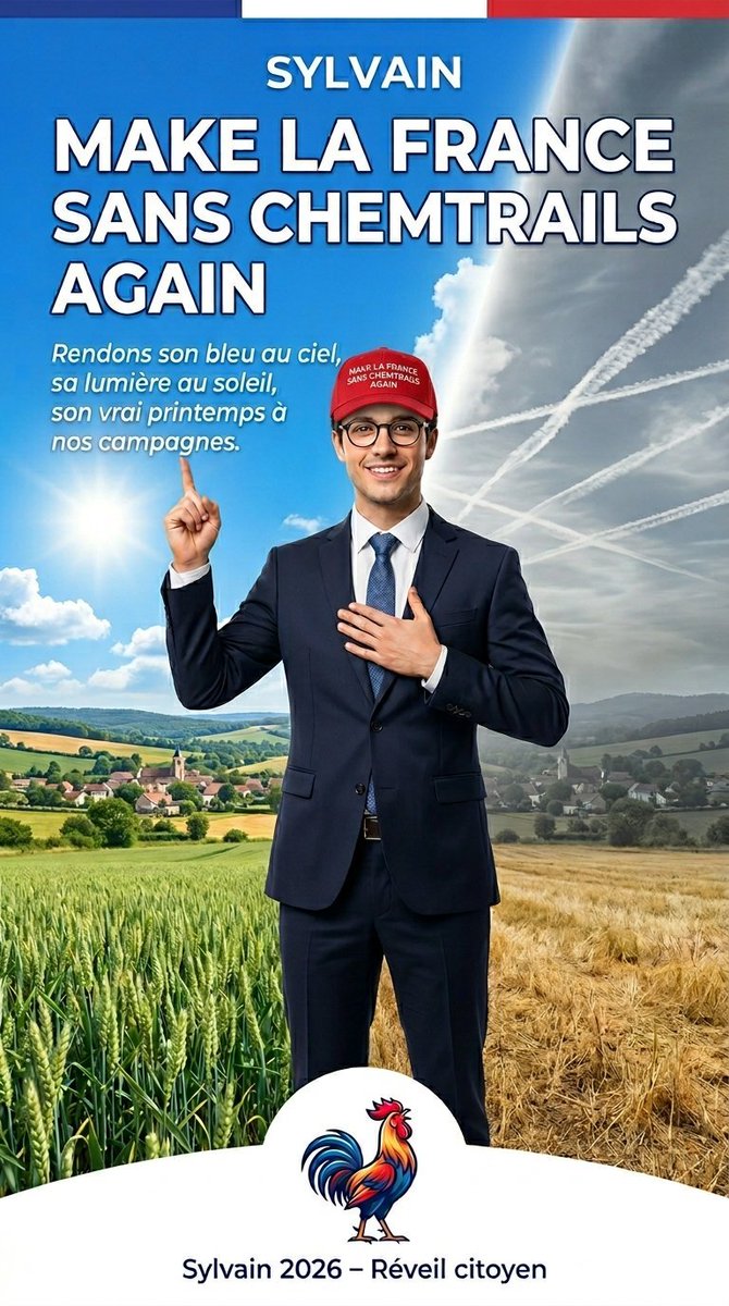 SoleilLibreFR's tweet photo. La campagne pour 2027 approche. N’oubliez pas d’interroger les candidats sur leur position concernant la #géoingénierie et les chemtrails 🧏‍♂️
Sinon, mieux vaut voter pour un tabouret,une lampe,

ou Sylvain:🤓☝️

“Make la France sans #chemtrails again 🇲🇫”

#Présidentielle2027 https://t.co/uyWrRWHoM9
