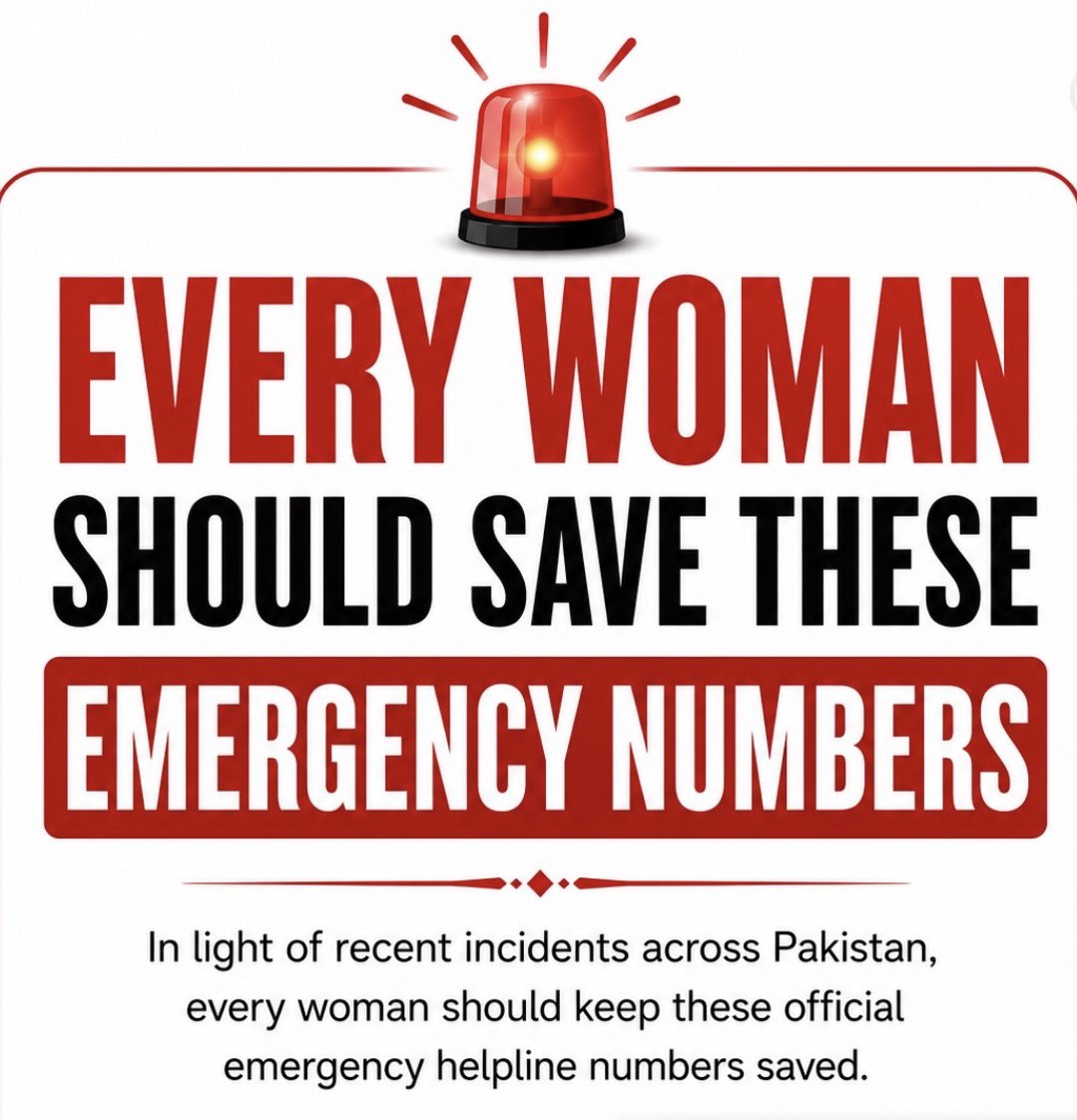 FearlessWolfess's tweet photo. EVERY WOMAN SHOULD SAVE THESE EMERGENCY NUMBERS 

Every second matters in an emergency. 

The right helpline at the right time can save lives, provide legal assistance, and ensure immediate support.

In light of recent incidents across Pakistan, every woman should keep these official emergency helpline numbers saved on her phone. 

Whether it's harassment, domestic violence, cybercrime, blackmail, child protection, legal guidance, women protection, or emergency assistance, knowing where to seek help is essential.

This awareness post includes official government helpline numbers that every woman, student, parent, and family should know.

Save this post for future reference.

Share it with your mother, sister, wife, daughter, friends, classmates, and colleagues.

Keep these numbers saved on your mobile phone.
 Your one share may help someone in an emergencv.