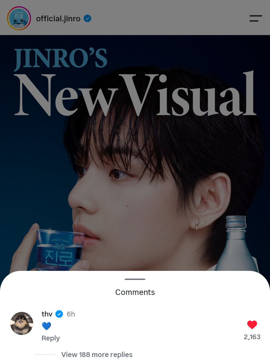 streamfortae's tweet photo. Taehyung (thv) commented on JINRO Global and JINRO Korea's announcement posts on Instagram about his appointment as their global ambassador!

🐯🧸: 💙 
🐯🧸: ❤️

-https://t.co/L68NzWMDq7
-https://t.co/1P3ANgEEit

#TAEHYUNGxJINRO #VxJINRO https://t.co/Z1lJbfxqy8