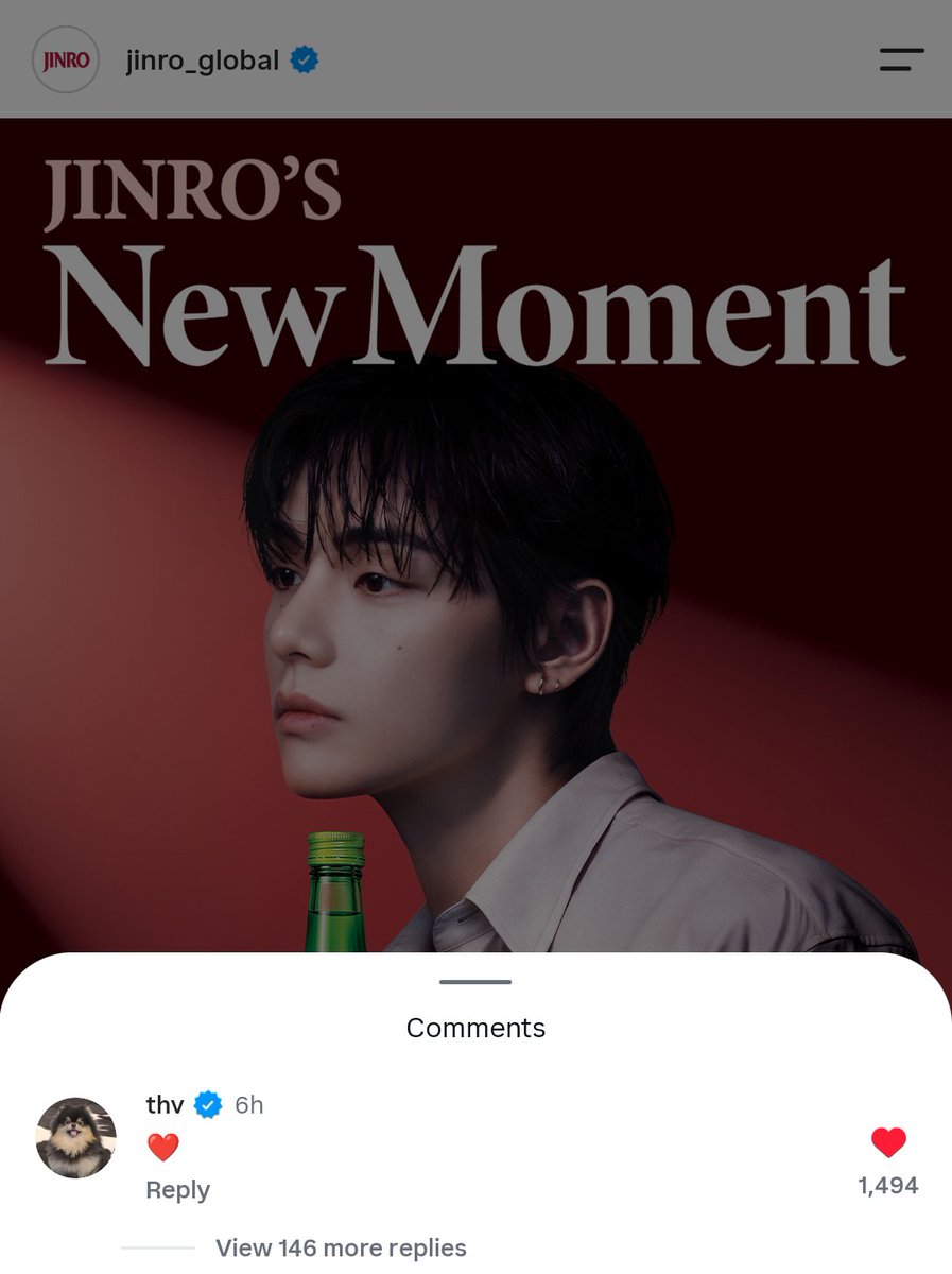 streamfortae's tweet photo. Taehyung (thv) commented on JINRO Global and JINRO Korea's announcement posts on Instagram about his appointment as their global ambassador!

🐯🧸: 💙 
🐯🧸: ❤️

-https://t.co/L68NzWMDq7
-https://t.co/1P3ANgEEit

#TAEHYUNGxJINRO #VxJINRO https://t.co/Z1lJbfxqy8