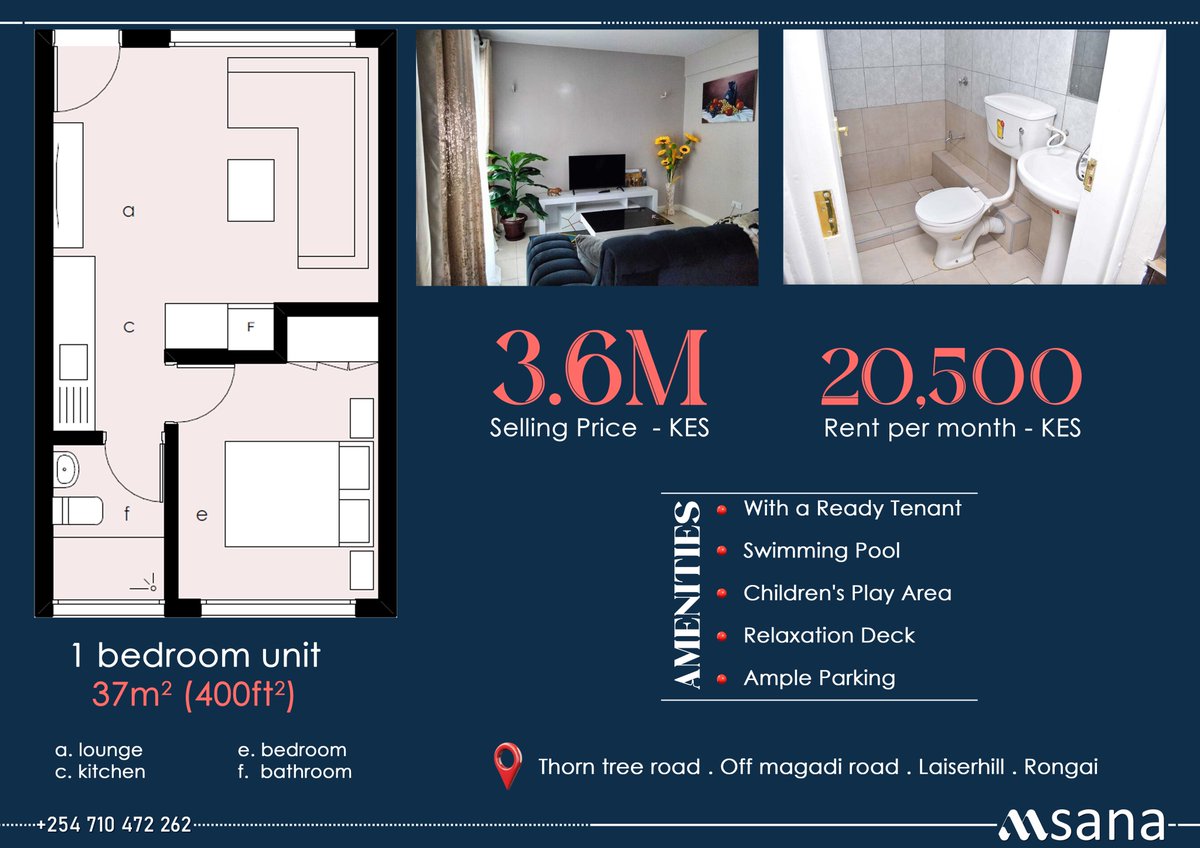 archdanieltoo's tweet photo. FOR SALE (With a Tenant) 1 BR 37m2.
Selling Price - KES. 3.6M. 
Rent - KES. 20,500.
Amenities: Pool, Children's Play Area, Relaxation Deck, Ample Parking. 
Location: Thorn Tree Road. Laiserhill . Rongai
Call - 0710 472 262

AFCON #VictimsCompensation Happy Sabbath Boma Yangu https://t.co/wXcmuj6zjB