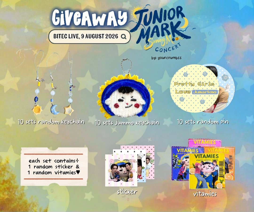 yourcrumbss's tweet photo. ―୨ pls kindly rt ୧⋆ ˚

-`✮ giveaway for #JuniorMarkConcert ♡

💛 10 sets random keychain with charm
💙 10 sets jummo keychain
💛 10 sets random pin
total 30 sets (each set contains 1 random sticker & 1 random vitamies)
✨️ extra vitamies available✨️

✿ see you soon at bitec live on 9 august 2026💫