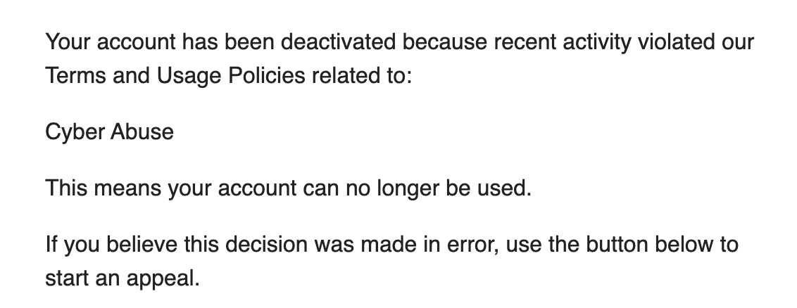 dylanvsthe's tweet photo. i haven't even used Codex in the last week (on vacation) and yet I got another warning, no response from appeal, and am now banned. great. @jxnlco @reach_vb i really liked being an openAI customer? i am at a loss for words https://t.co/Hpf7GVYUMQ
