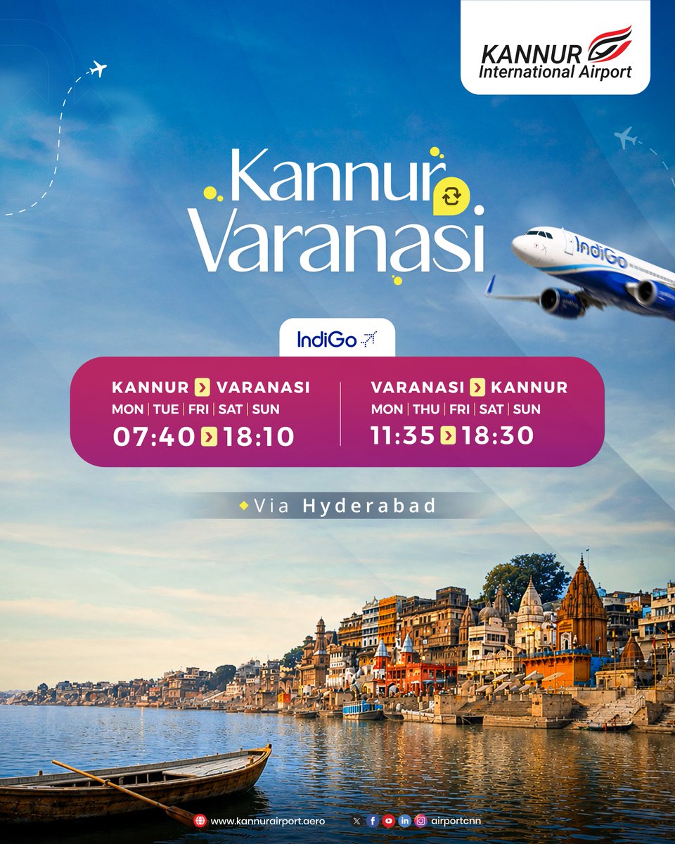 airportCNN's tweet photo. Travel from Kannur to Varanasi with seamless connectivity via Hyderabad on IndiGo. Plan your trip with ease.
#KannurInternationalAirport #VaranasiDiaries #FlyIndiGo #TravelMadeEasy #ExploreIndia #AirportCNN https://t.co/5KD3U9nbj2