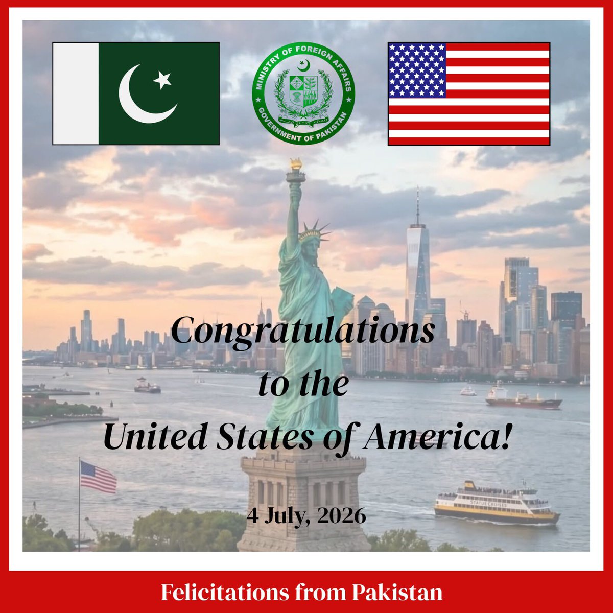 ForeignOfficePk's tweet photo. 🇵🇰🤝🇺🇸 Pakistan extends warmest congratulations and best wishes to the United States of America and its people on its 250th Independence Day.

Happy 4th of July 🇺🇸!

@StateDept
@PakinUSA https://t.co/1gQQeyDCsc