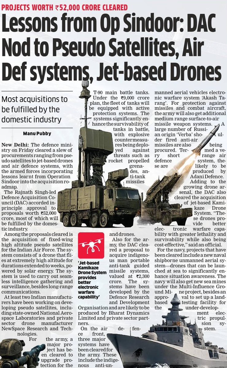 manupubby's tweet photo. Pseudo satellites, jet based drones, air defence systems, ATGMs cleared by Defence Acquisition Council.

Lessons from Op Sindoor incorporated into new acquisition roadmap. Projects worth Rs 52,000 cr given the go ahead.

@ETPolitics

https://t.co/Ds8vp0rp10 https://t.co/oeu9yOzPQf