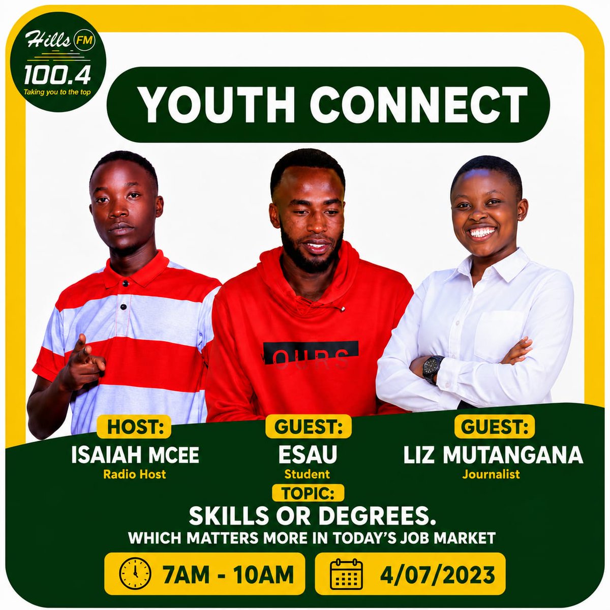 hillsfmkabale's tweet photo. 🎙️ #YouthConnect
Skills or Degrees: Which matters more in today's job market?
Join #isaiahmc on 100.4 Hills FM and share your thoughts on this important youth discussion.
#hillsfmyouthConnect
#takingyoutothetop https://t.co/LSj9CjhKNU