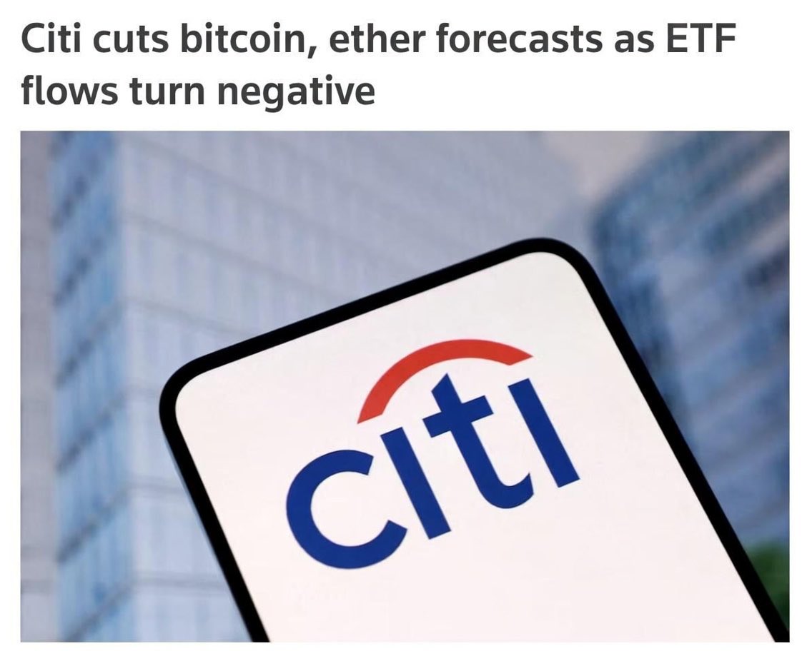 PavloAtlantis's tweet photo. 🔮 Citi Analysts Cut 12-Month BTC & ETH Forecasts (Reuters)
▪ Base Case: • BTC target lowered to $82,000 (was $112,000)
• ETH target lowered to $2,240 (was $3,175)
▪ Key Reasons: • Spot crypto ETFs shifted to net outflows
• Cooling investor interest in the crypto market
• Delays in U.S. crypto legislation
▪ Citi’s Other Scenarios: • Bull Case: BTC to $140,000 | ETH to $3,360
• Bear Case: BTC to $53,000 | ETH to $1,094
#Bitcoin #Ethereum #BTC #ETH #Crypto #Citi #ETF #CryptoNews #Bullish #Bearish