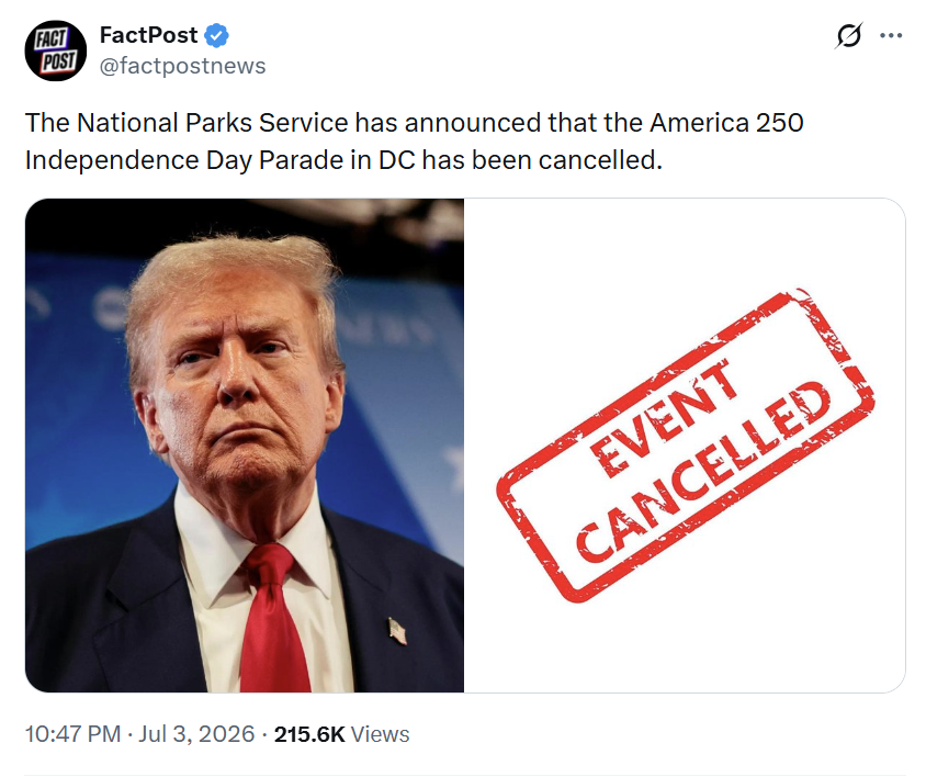AwesomeNewsom's tweet photo. AFTER TRUMP'S AMERICA 250 PARADE HAS BEEN CANCELLED, THE WHITE HOUSE HAS OFFERED TO REFUND THE TICKET THAT WAS BOUGHT. https://t.co/1wOdciYwha