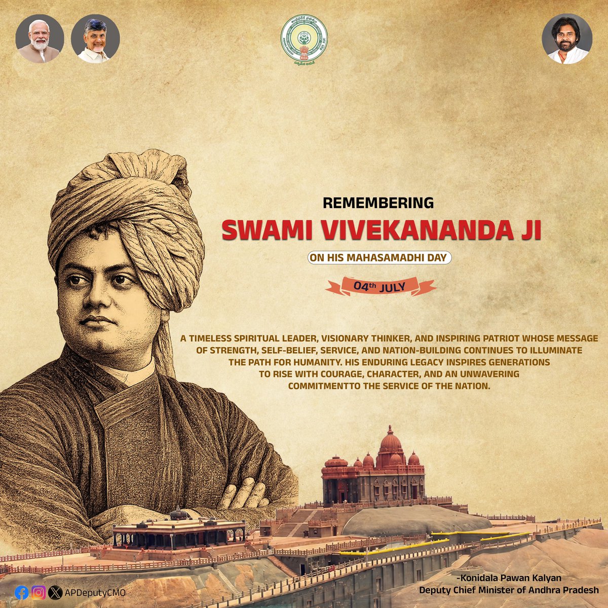 APDeputyCMO's tweet photo. On the Mahasamadhi Day of Swami Vivekananda Ji, I pay my humble tributes to one of India's greatest spiritual luminaries, whose timeless wisdom awakened the soul of a nation and continues to inspire humanity across generations.

Swami Vivekananda Ji believed that the true strength of a nation lies in the character, courage, and self-confidence of its people. His clarion call to "Arise, Awake, and Stop Not Till the Goal is Reached" continues to inspire millions to pursue excellence, serve society with compassion, and dedicate themselves to the greater good of the nation.

His profound message of spiritual awakening, national pride, social harmony, and selfless service remains as relevant today as ever. As we strive towards the vision of a Viksit Bharat, his ideals remind us that the progress of a nation is built not only through economic growth, but through enlightened minds, strong character, and unwavering commitment to humanity.

On this solemn occasion, let us rededicate ourselves to the timeless ideals of Swami Vivekananda Ji and work together to build a stronger, more compassionate, self-reliant, and united Bharat.

– @PawanKalyan 

#SwamiVivekananda