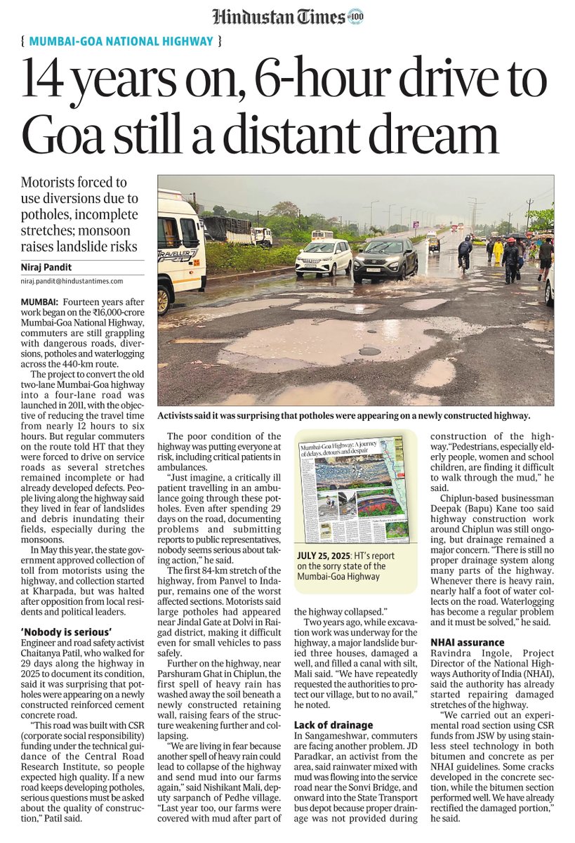 mumbaimatterz's tweet photo. 14 years. ₹16,000 crores. Yet, driving from #Mumbai to #Goa in 6 hours is still a fictional sci-fi script. 🎬

Kudos to @MorthIndia & @NHAI_Official for turning a highway project into a generational heritage site! 

Why build a safe road when you can give commuters an annual monsoon water park & off-roading experience? 🚙🌧️

#MumbaiGoaHighway #InfraWonders #PotholeTourism
#Infrastructure

@nirajpandit
@HT_Mumbai