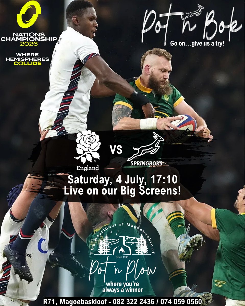 n_plow's tweet photo. Saturday: Pot ’n Bok!
Rugby on the big screens, score predictions, winner takes the kitty. Come back the Boks with us!

Sunday: Pot ’n Tunes!
Live music with Juanne Steenkamp. Great food, cold drinks, and a lazy Sunday with family and friends. https://t.co/lpcUxU5nOt