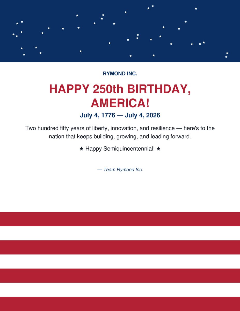 rymondinc's tweet photo. Happy 250th birthday, America! 
=> Two and a half centuries of liberty, innovation, and resilience — here's to the nation that keeps building, growing, and leading forward
#July4th #Semiquincentennial #USA250 #Trump https://t.co/OyDRFMTrdX