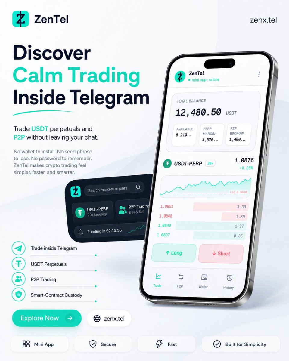 ZenWalletapp's tweet photo. Discover calm trading inside Telegram. 

ZenTel gives users a faster, simpler, and cleaner way to access crypto trading directly through a Telegram mini app. 

Simple. Secure. Telegram-first.

Explore now: https://t.co/FXtVrhaxyN

#ZenTel #TelegramTrading #CryptoTrading #USDTTrading #P2PTrading