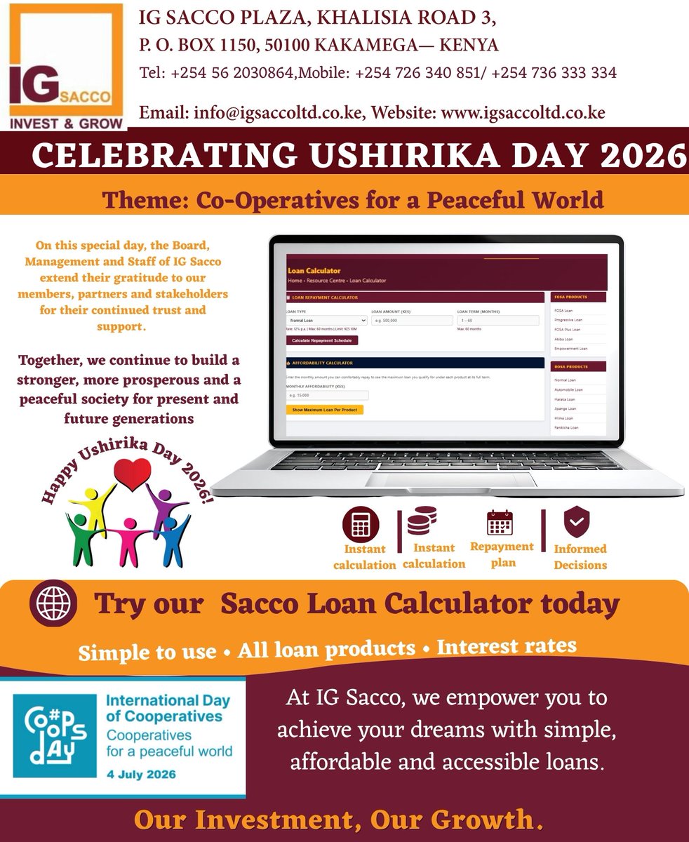 IGSACCOSOCIETY's tweet photo. Thank you to our esteemed members, partners, and stakeholders for your continued trust and support. Plan smarter with the IG Sacco Loan Calculator and take the next step towards your financial goals.
#UshirikaDay2026 #CooperativesForAPeacefulWorld #IGSacco #InvestAndGrow https://t.co/8gAW0BjFIj
