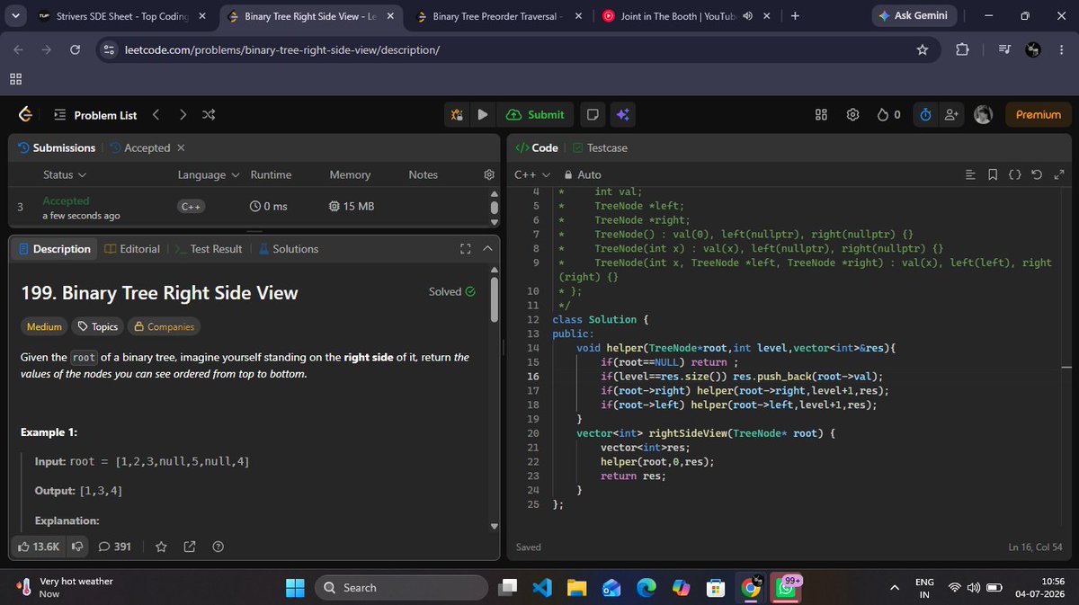 gauravnickk777's tweet photo. Day 34 done #SDESheetChallenge
• Morris Preorder Traversal
• Right/Left View of BT
• Bottom View of BT
• Top View of BT
@striver_79 @takeUforward_
#DSA #BuildInPublic #100DaysOfCode https://t.co/6UqRoTHk6b