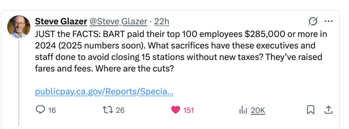 SanFranciscoLP's tweet photo. @debora_allen1 @nbcbayarea @SFBART #BART needs to trim the compensation of top employees and stop wasting money on unnecessary overhead.
Instead of hiring more cops, open the #restrooms! https://t.co/hyOAoT3x5j