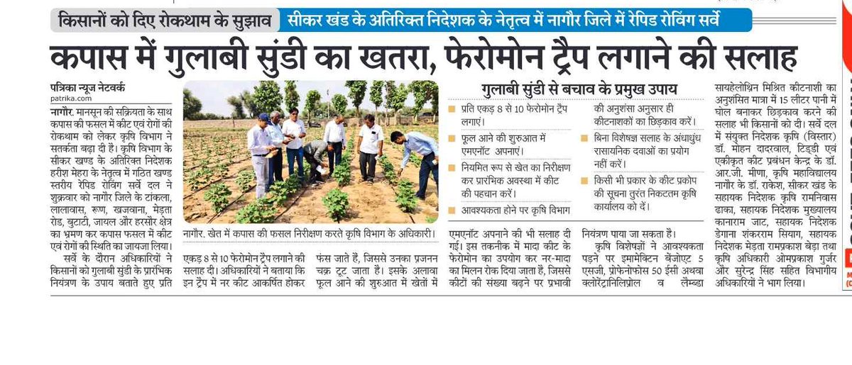 RGMEENA20's tweet photo. A Joint Rapid Roving Survey on the cotton crop was conducted by the Locust cum Integrated Pest Management Centre (LCIPMC), Nagaur in collaboration with the Department of Agriculture, Government of Rajasthan, Nagaur. #AgricultureGoI #PPA #lcipmcnagaur https://t.co/jvWMdp77wX