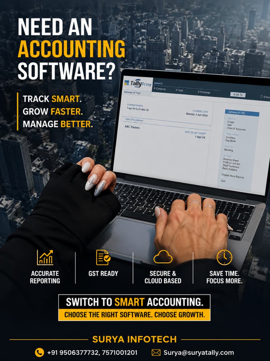 SuryaInfot33933's tweet photo. Take Control of Your Business with TallyPrime.
Smarter Accounting. Faster Decisions. Better Growth.
.
.
.
.
#SuryaInfotech #SuryaTally #TallyPrime #BusinessGrowth #AccountingSoftware #SmartAccounting #GSTReady #InventoryManagement https://t.co/Y35oYOovsz