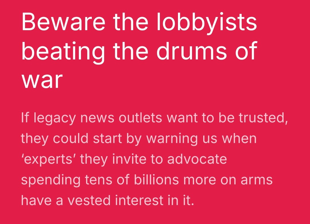 QuaeroBooks's tweet photo. The last month has seen legacy media banging the drum for more arms spending with a chilling unanimity that reminds me of the build up to the invasion of Iraq.

I've taken a closer look at five lobbyists being presented by news outlets as experts: https://t.co/pJEgCpdvuZ https://t.co/qscGLLKuYR