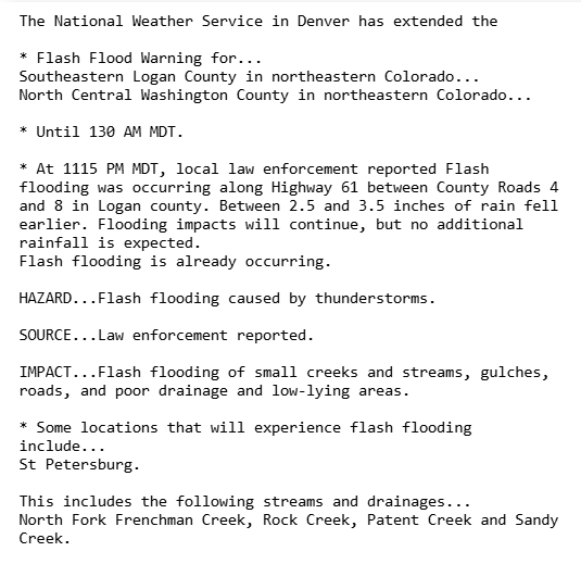 Jasamsdestiny's tweet photo. #Colorado
#FlashfloodWarning for SE #LoganCounty & North Central #WashingtonCounty til 1:30am. At 11:15, local law enforcement reported Flash flooding was occurring along Highway 61 btwn County Roads 4 & 8 in Logan county. Between 2.5 & 3.5" of rain fell earlier.
#cowx https://t.co/EQQDjn1J2Z