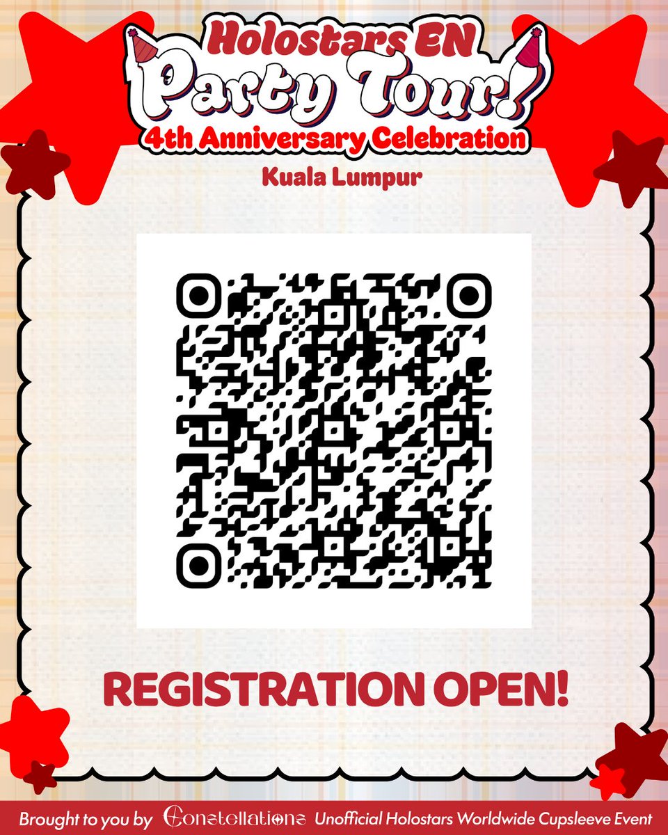 holostarmys's tweet photo. @StarminCNST Party Tour, KUALA LUMPUR event registration is now OPEN!

Fill the  form and secure your spot before it closes!

📍 MM Cafe, LaLaport BBCC
🕛 12:00 PM – 6:00 PM
📅 September 20, 2026
☕ Registration Fee: RM15

Scan QR or link in 🧵to register

#StarMY #hsoshikatsu https://t.co/KDuPYx19lV