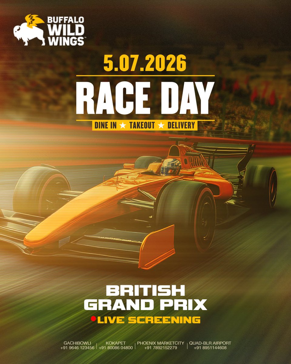 Bwwingsindia's tweet photo. Fuel your Sunday with speed and flavor.
See every moment on the big screen only at Buffalo Wild Wings.
5th July | 7:30 Pm Onwards
#BuffaloWildWings #BDUBS #RaceDay #Sportbar #matchday https://t.co/PxVxBYGAYe