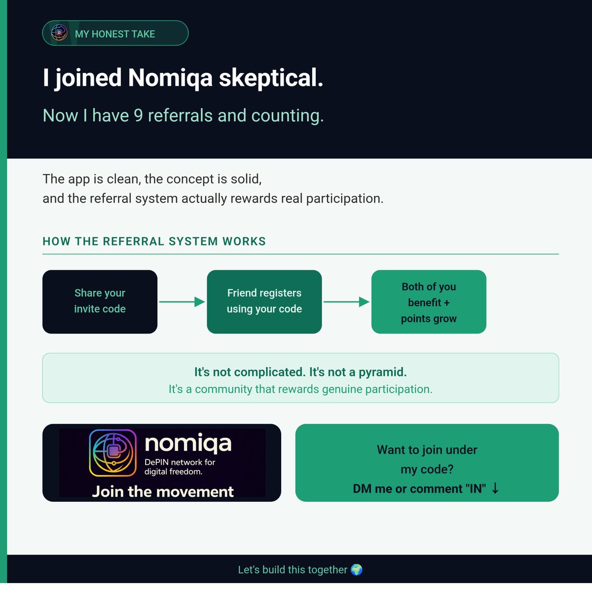 Wesgard_OG's tweet photo. Personal Experience + Referral System

I'm not going to sugarcoat it, I joined @NomiqaDePin skeptical like most people.

Another app? Another points system? Sure.
But after going through the full onboarding and actually using it, my perspective changed.

The #Nomiqa app is clean, the concept is solid, and the referral system is genuinely rewarding.

Here's how referrals work 👇

👉 Download from play-store
https://t.co/tvbsW2jDgY

👉 You share your unique invite code
(wesgard_og)

👉 Someone registers using your code

👉 Both of you benefit from the connection

👉 Your network grows, your points grow

It's not complicated. It's not a pyramid. It's a community that rewards people for bringing in other genuine users.

I currently have 9 referrals and I'm just getting started. 🤭

If you want to join under my code, drop me a DM or comment "IN" below 👇
Let's build this together. 

Explore: https://t.co/GggbqicCPP

#DePIN #Web3 #eSIM