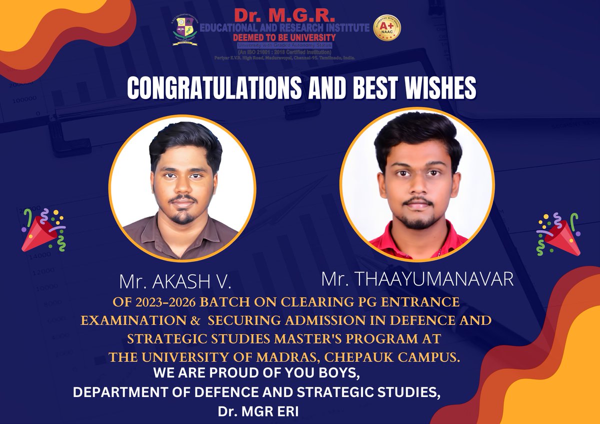 dodassdrmgruniv's tweet photo. 🎉Proud Moment🎊-Mr. Akash V & Mr. Thaayumanavar (2023-26 Batch) have cleared PG Entrance Examination & Secured Admission in PG Dept. of Defence & Strategic Studies at University of Madras🥳
We Congratulate & Convey Best Wishes to both #pg #UNoM #dss #defenceandstrategicstudies https://t.co/s2CKEXGrT0