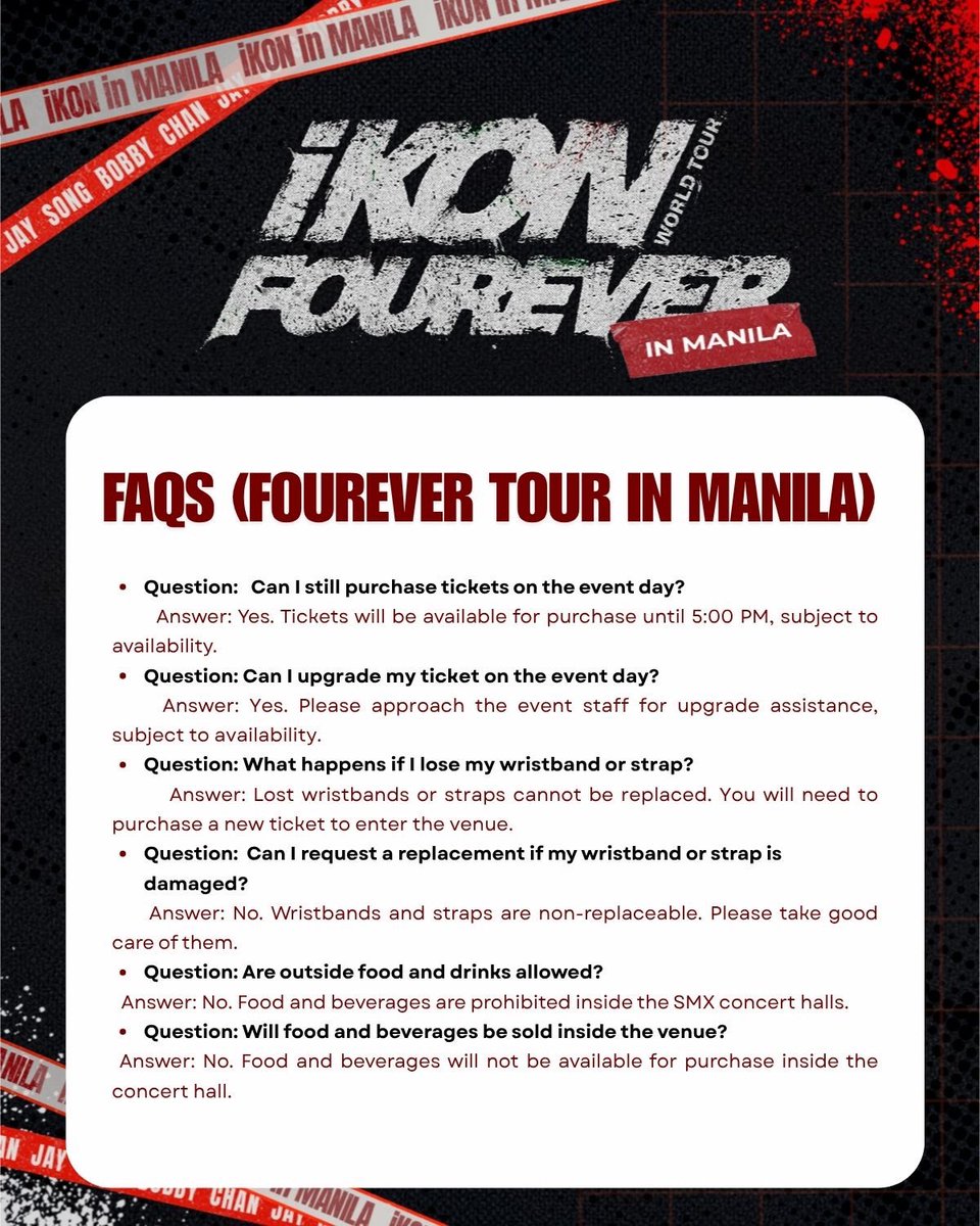 withiKON_PH's tweet photo. Filo-iKONICS, are you WAENG WAENG READY? ❤️‍🔥

Concert day is almost here! Make sure you've read our #iKONinManila FAQs so you can enjoy the day worry-free. Let's make this FOURever unforgettable! 🔥

#iKONinManila  #iKON_FOUREVER_TOUR #iKON #아이콘 https://t.co/HT8PsKCyzf