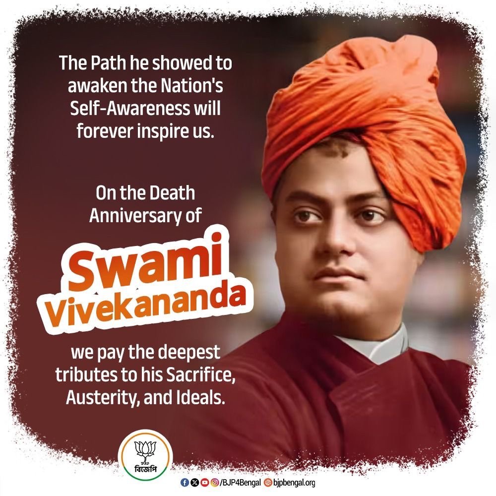 Bjp4Natabari's tweet photo. On the Death Anniversary of Swami Vivekananda, we pay our heartfelt tributes to the great visionary and patriot whose teachings continue to inspire generations. 
His message of strength, fearlessness, self-belief, and service to humanity remains a guiding light for every Indian. https://t.co/jAX4lTDnZs