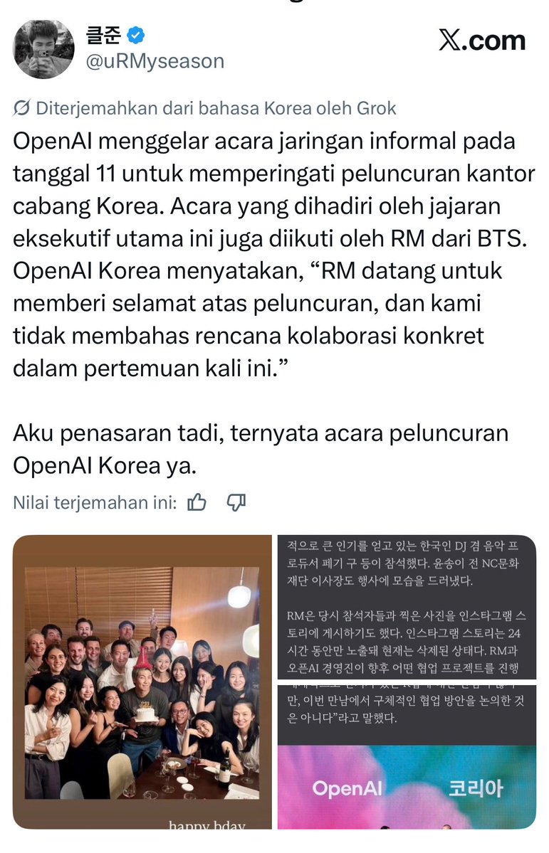 monienyamjun's tweet photo. Faktanya: ini foto asli, bukan generated by AI. Orang2 di sekitar Namjoon asli. Dia diundang buat acara peluncuran openAI Korea. Saat itu posisinya dia jadi BA Samsung ART TV. Kebetulan berbarengan sama ultah dia, makanya dikasih kue dan diupload ke story. Dia gak endorse openAI https://t.co/cfyNPfHIhS