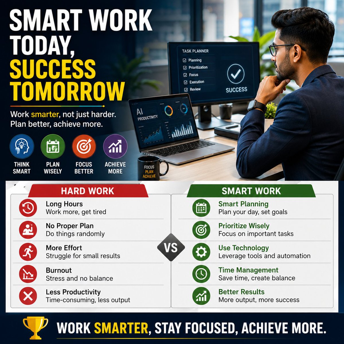 ursashish1997's tweet photo. 🧠 Smart work is not about doing less-it's about doing what matters most.
Plan wisely. Prioritize effectively. Use technology. Stay consistent.
Hard work opens doors. Smart work helps you reach the right destination faster.
#SmartWork #Productivity #Success #Leadership #Growth https://t.co/rJhjx1dk9I