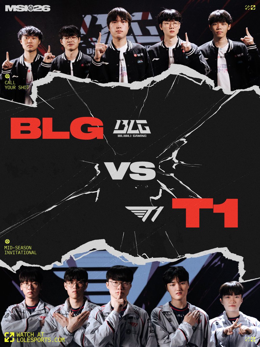 lolesports's tweet photo. STARTING NOW:

@BilibiliGaming and @T1LoL go head-to-head! #MSI2026 https://t.co/j2kVZzrUAX