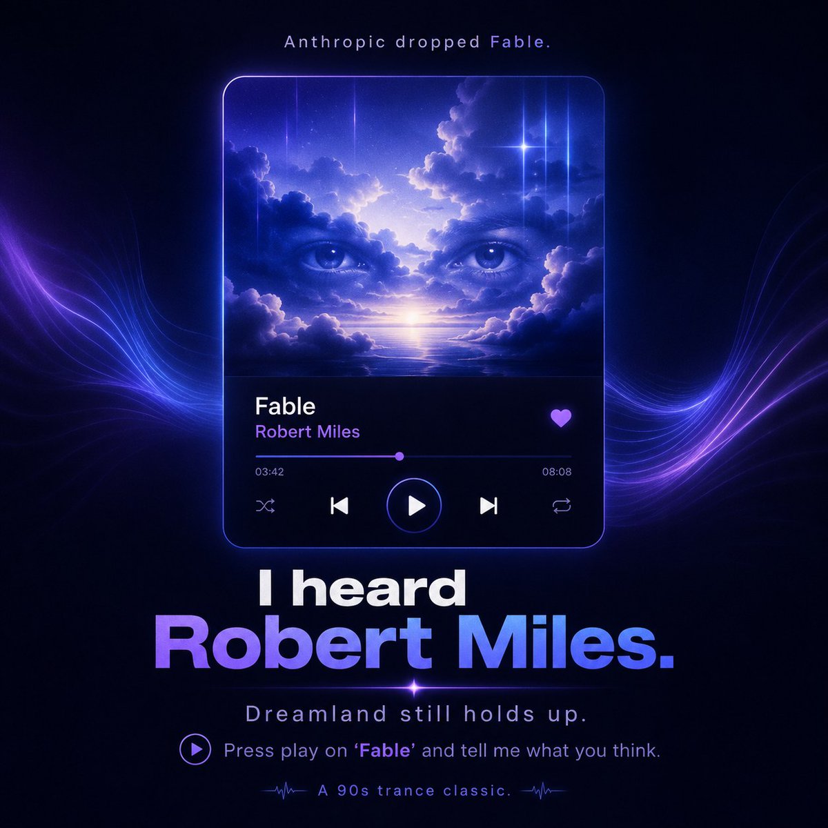 cliff_marquez's tweet photo. When Anthropic dropped their new model Fable, the first thing that came to mind wasn't benchmarks or pricing.

It was Robert Miles.

For the young whippersnappers: Robert Miles was a trance producer in the mid-90s. His track "Children" was everywhere. But the album was Dreamland. And track 3 was called "Fable."

That era of trance was something else. I was in Miami during the peak of it. George Acosta was spinning. Tiësto was breaking through. Paul Oakenfold. Paul van Dyk. Every night was a pilgrimage.

And the music? It was so deep and emotional. Words couldn't begin to describe it. It was melody and feeling and connection all at once. Something you felt in your chest before your head could even catch up.

The unity and friendships I made during that time were incredible. People I still think about today.

Robert Miles passed away in 2017 at 47. Cancer. Rest in peace, man. If you've never heard Dreamland start to finish, give it a shot. It holds up. "Children" was the hit, but the whole album is worth your time.

Check out the jam. Tell me what you think.

You'll probably end up playing this in your head every time you launch Fable from now on.

https://t.co/z9NsBZLIJc
