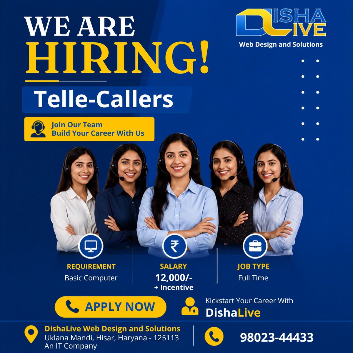 dishalive_group's tweet photo. 📢We're hiring Tele-Callers at DishaLive!💼

✅Full-Time
💰₹12,000 + Incentives
🖥Basic Computer Knowledge
📍Hisar, Haryana

Apply now and start your career with a growing IT company!🚀

#Hiring #Jobs #TeleCaller #HisarJobs #HaryanaJobs #Career #Recruitment #ApplyNow #FullTime https://t.co/GF2g352O8m