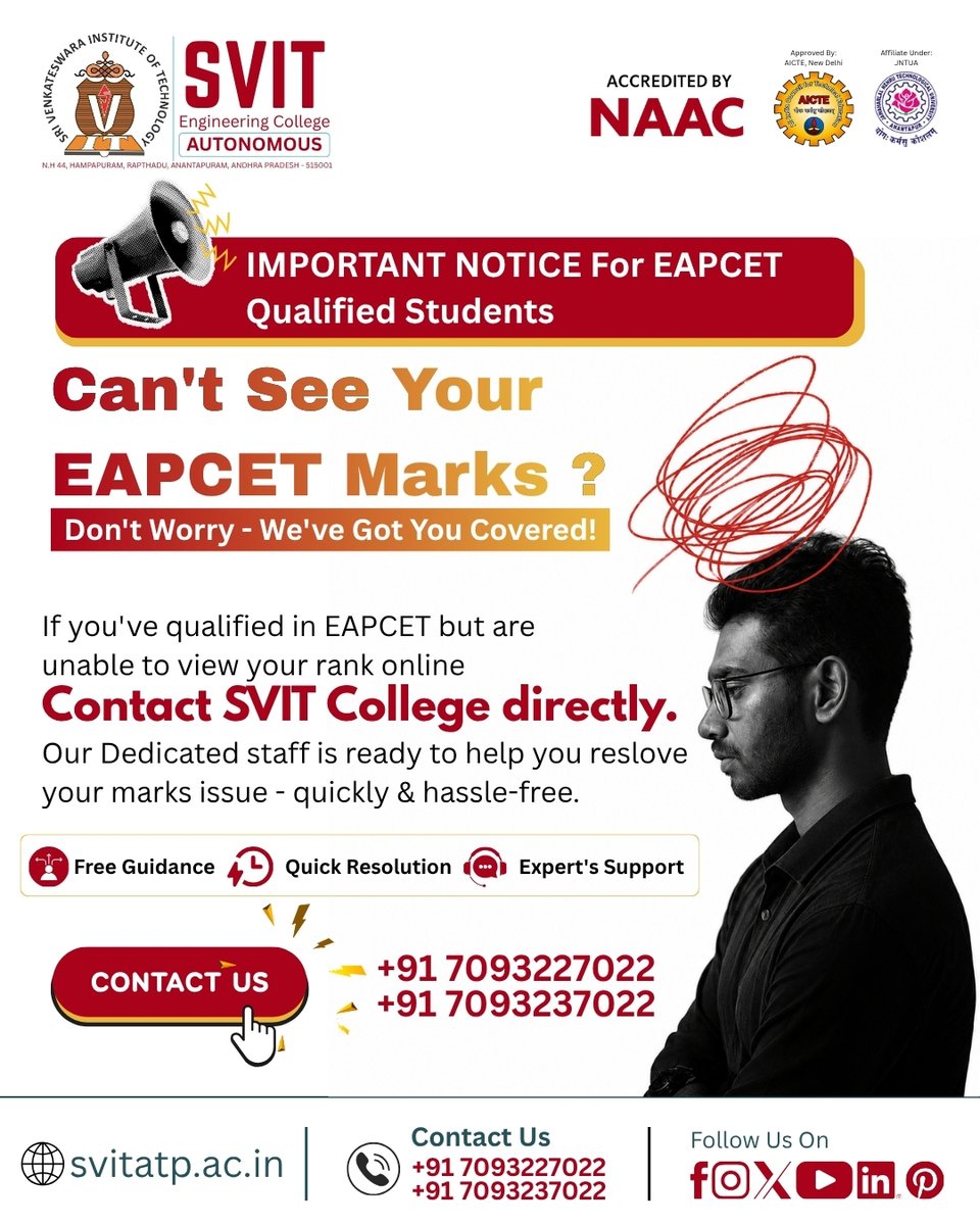 svit_official's tweet photo. Can't see your EAPCET 2026 marks or rank online?
Call SVIT Anantapur — free guidance, quick resolution, expert support.
+91 7093227022 | https://t.co/DIHegMC9NU
#EAPCET2026 #EAPCETMarks https://t.co/yOdpQXGBoR