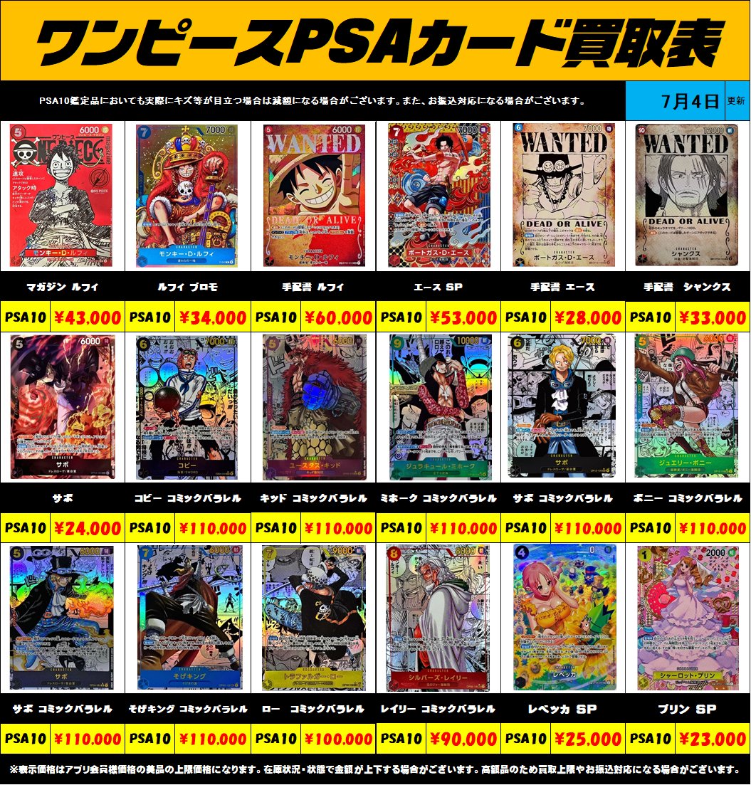 超高額買取！！ワンピースカードPSA10買取リスト更新しました！7/4