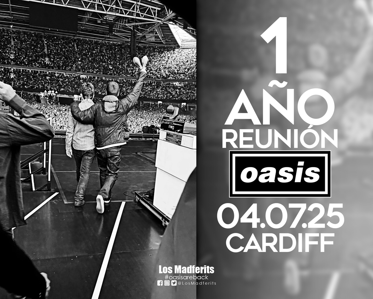 LosMadferits's tweet photo. 1 AÑO de la reunión de @oasis - Cardiff 04.07.25

La esperada reunión de Oasis después de 16 años de separación con los hermanos Gallagher junto a Bonehead, Andy Bell y Gem Archer, empezaba con la gira LIVE'25 en la ciudad de Cardiff en Gales en el Millennium Stadium. https://t.co/J6kkArjnyZ