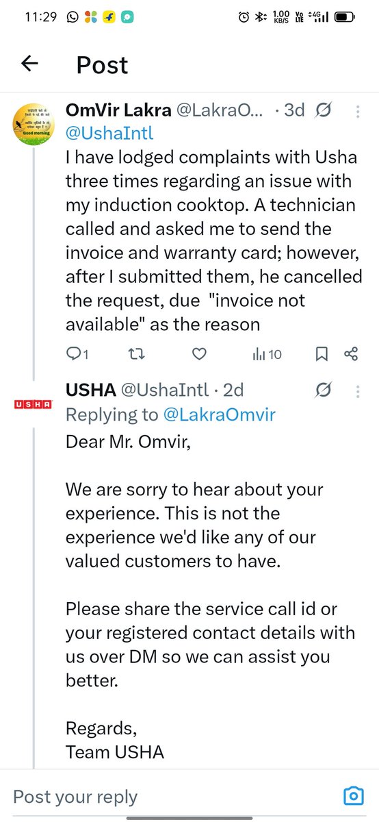 LakraOmvir's tweet photo. @UshaIntl 
कंपनी मे कोई सुने वाला नहीं हैं बेकार फ्रॉड company हैं 15 दिन से ज्यादा हो गये परेसान होते हुए ek induction cooktop को लेकर कोई solution नहीं. खाली बातों को गुमा रहे है.
Rqst. No. CC260611551176, CC26062453891, CC26070150765.
 #madhavmani CEO https://t.co/701K2Hyqt0