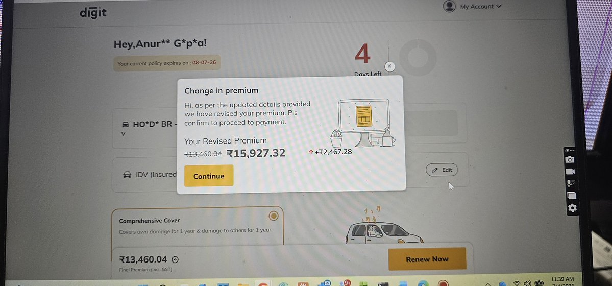 meanugupta's tweet photo. @heydigit Very unfortunate that your team is unable to resolve the proce change issue atvthe time of policy renewal. The final amount showing 13960, but on payment page changing to 15927. And that's not rax difference -bith amounts are tax incl. https://t.co/hgS2YwYfB5