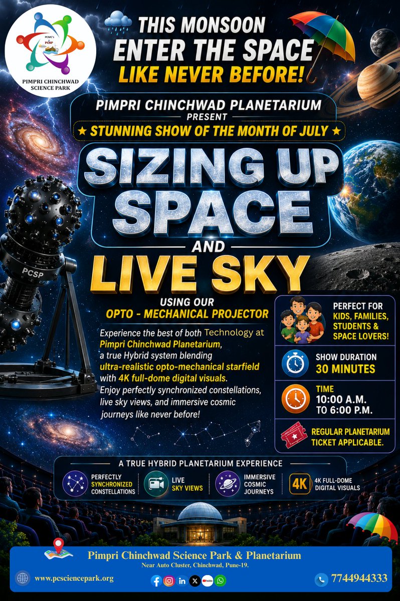 PC_SciencePark's tweet photo. 🌧️🚀𝑻𝒉𝒊𝒔 𝑴𝒐𝒏𝒔𝒐𝒐𝒏, 𝑬𝒏𝒕𝒆𝒓 𝒕𝒉𝒆 𝑺𝒑𝒂𝒄𝒆 𝑳𝒊𝒌𝒆 𝑵𝒆𝒗𝒆𝒓 𝑩𝒆𝒇𝒐𝒓𝒆!🌌
Experience the magic of the universe at 𝑷𝒊𝒎𝒑𝒓𝒊 𝑪𝒉𝒊𝒏𝒄𝒉𝒘𝒂𝒅 𝑷𝒍𝒂𝒏𝒆𝒕𝒂𝒓𝒊𝒖𝒎 with our spectacular 𝑶𝒑𝒕𝒐-𝑴𝒆𝒄𝒉𝒂𝒏𝒊𝒄𝒂𝒍 𝑺𝒉𝒐𝒘 "𝑺𝒊𝒛𝒊𝒏𝒈 𝑼𝒑 𝑺𝒑𝒂𝒄𝒆". https://t.co/oev8uzuVKz